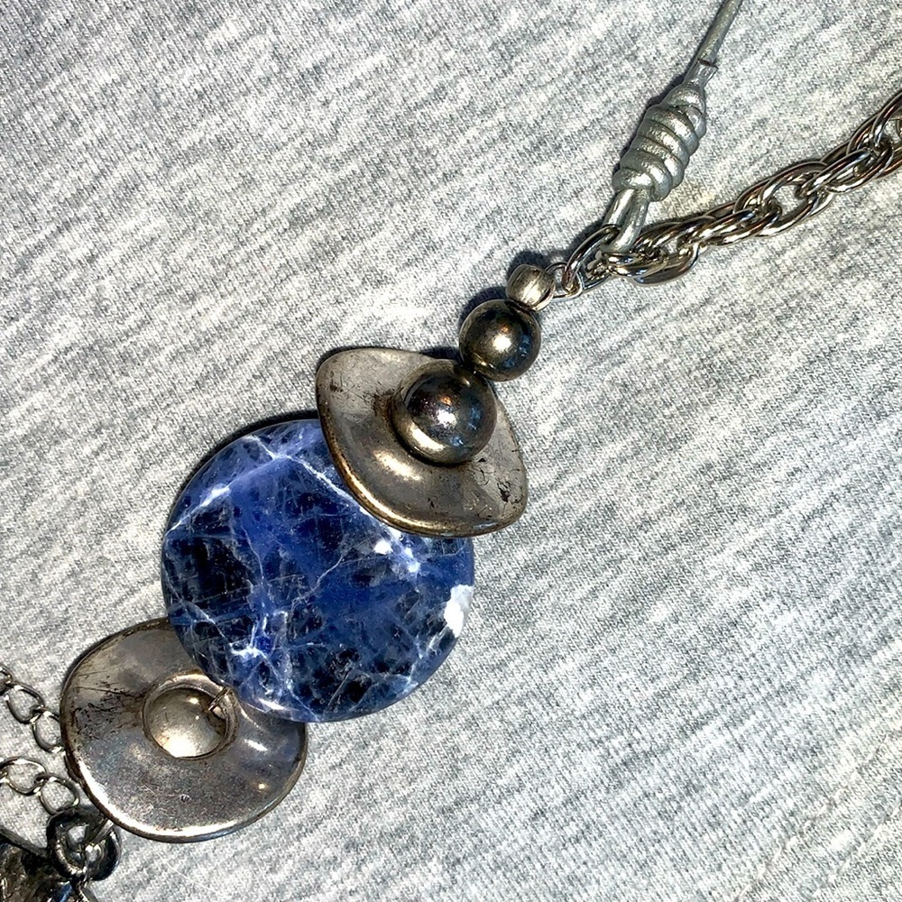 SILVER CROSS artisan Necklace, blue/silver beads, chain/long leather cord. EUC - Picture 6 of 12